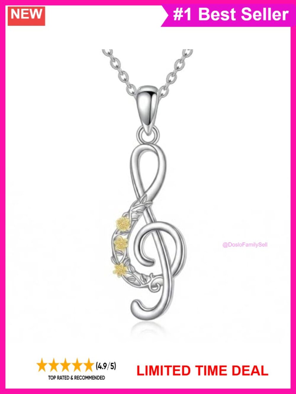 925 Sterling Silver Music Note Pendant Necklace Adjustable Chain Gift Box